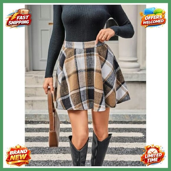 Polyester Plaid Flared Skater Skirt High Waisted Work Office Wear - Picture 4 of 7